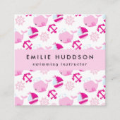 ピンクのクジラ、泳ぐインストラクター、スイミングコーチ スクエア名刺 (正面)