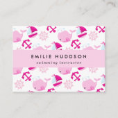 ピンクのクジラ、泳ぐインストラクター、スイミングコーチ 名刺 (正面)