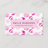 ピンクのクジラ、泳ぐインストラクター、スイミングコーチ 名刺 (正面)