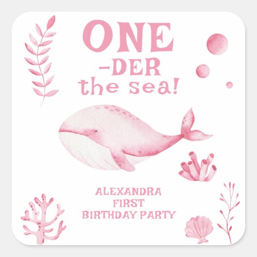 ピンクのクジラ 海の1歳の誕生日 スクエアシール (正面)
