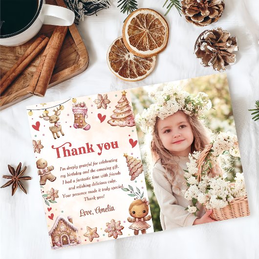 ピンクのクッキーとクリスマスの誕生日写真ありがとうカード 招待状