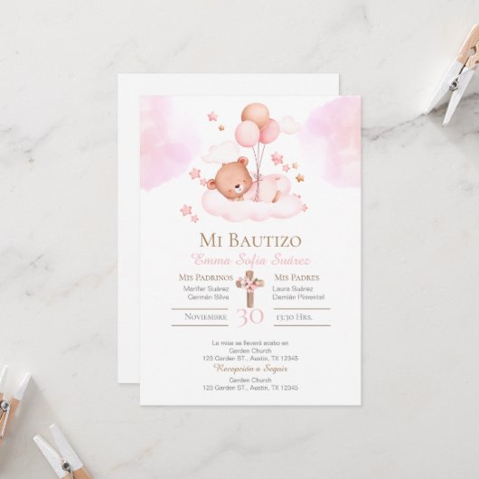 ピンクのクマと風船を持つ女の子のバプテスマ 招待状 (正面/裏面インサイチュ)
