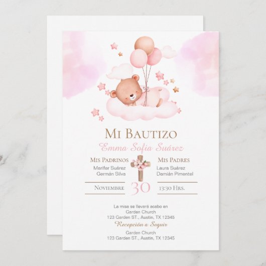 ピンクのクマと風船を持つ女の子のバプテスマ 招待状 (正面/裏面)