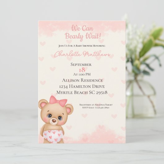 ピンクのクマのハート我々は赤ちゃんシャワーを待つことができる 招待状 (スタンド正面)