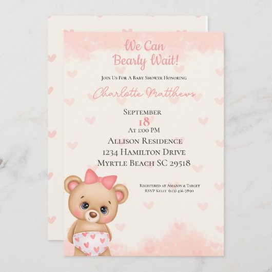 ピンクのクマのハート我々は赤ちゃんシャワーを待つことができる 招待状 (正面/裏面)