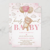 ピンクのクマのバルーンベビーシャワー 招待状 (正面/裏面)