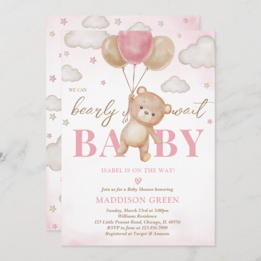 ピンクのクマのバルーンベビーシャワー 招待状 (正面/裏面)