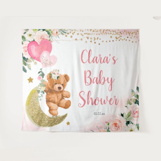 ピンクのクマのバルーン赤ちゃんシャワーサインのタペストリー タペストリー (正面(横))