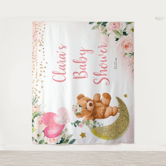 ピンクのクマのバルーン赤ちゃんシャワーサインのタペストリー タペストリー (正面)