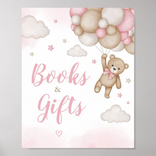 ピンクのクマのバルーン赤ちゃんシャワー本とギフト ポスター (正面)