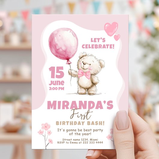 ピンクのクマのバースデーパーティー 1歳の誕生日 招待状