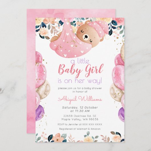 ピンクのクマの女の子は彼女の方法で、フローラの赤ちゃんシャワー 招待状 (正面/裏面)