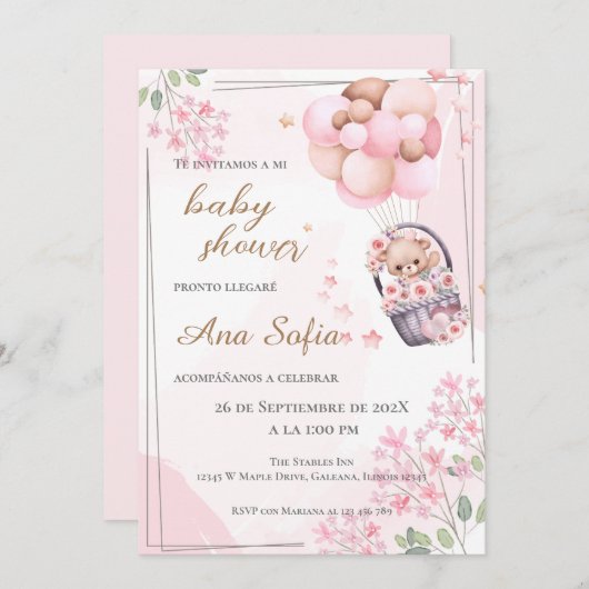 ピンクのクマの赤ちゃんシャワーの招待状 招待状 (正面/裏面)