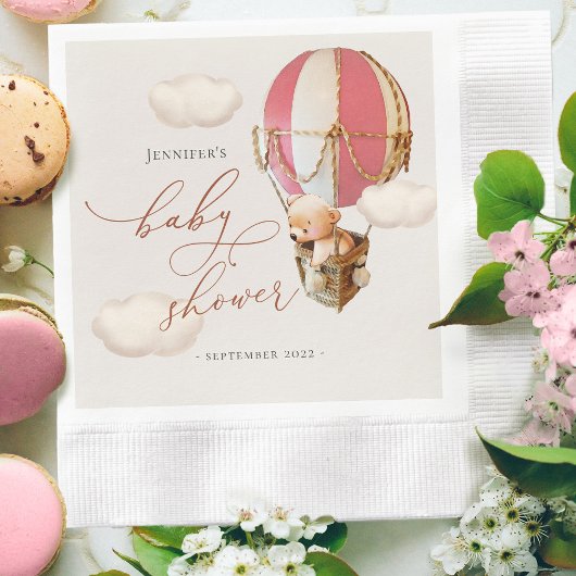 ピンクのクマの風船のベビーシャワーガールペーパー 縁ありカクテルナプキン