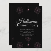 ピンクのクモとスパイダーウェブハロウィンディナーパーティー 招待状 (正面/裏面)