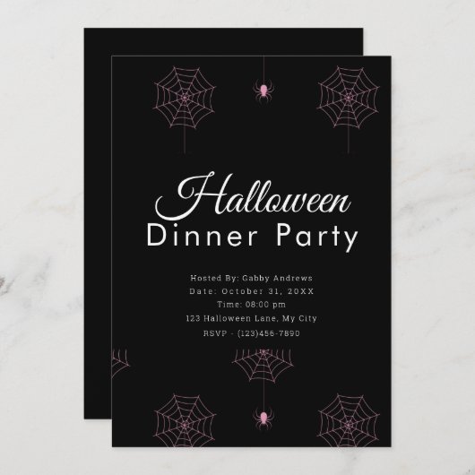 ピンクのクモとスパイダーウェブハロウィンディナーパーティー 招待状 (正面/裏面)