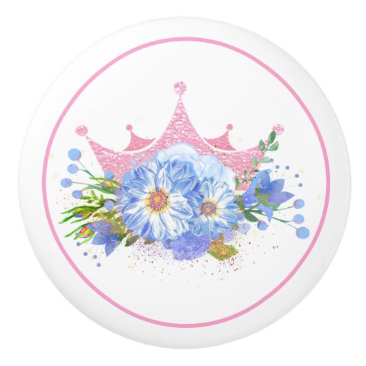 ピンクのクラウンと花の引き出しプルノブ セラミックノブ (正面)