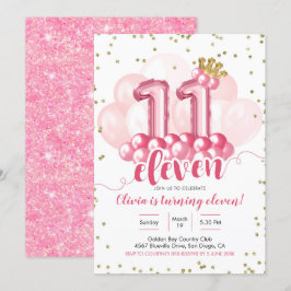 ピンクのクラウンバルーン 11歳の誕生日招待状 招待状