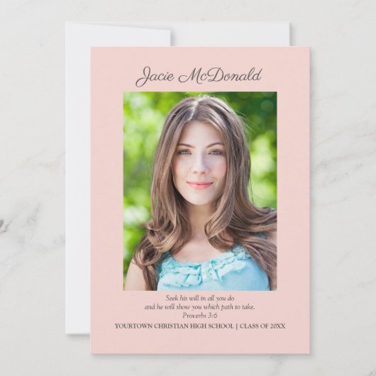 ピンクのクリスチャン卒業写真発表 案内状 (正面)