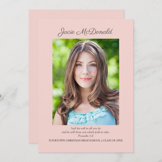 ピンクのクリスチャン卒業写真発表 案内状 (正面/裏面)