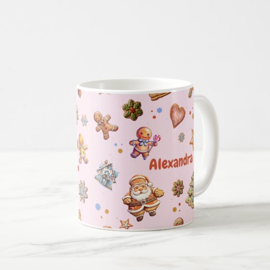 ピンクのクリスマスおもしろいかわいいジンジャーブレッドの名前カスタム コーヒーマグカップ (正面右)