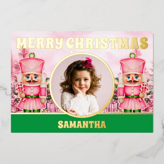 ピンクのクリスマスくるみ割り子の写真 箔シーズンカード (正面)