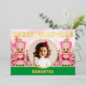 ピンクのクリスマスくるみ割り子の写真 箔シーズンカード (立ち正面)