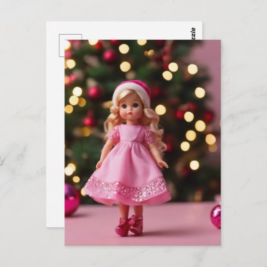 ピンクのクリスマスに輝く可愛いブロンドの人形 ポストカード (正面/裏面)