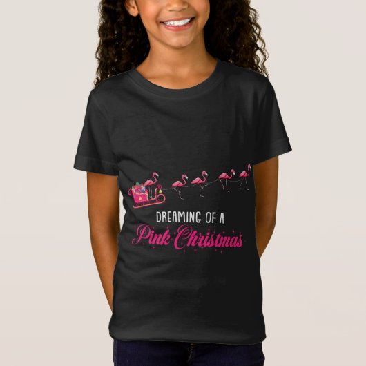 ピンクのクリスマスのかわいいフラミンゴの夢を見る Tシャツ (正面)