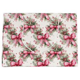 ピンクのクリスマスの弓 ラージペーパーバッグ