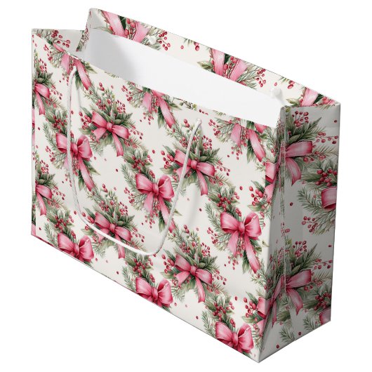 ピンクのクリスマスの弓 ラージペーパーバッグ (正面アングル)