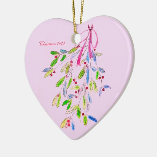 ピンクのクリスマスの飾り（ミスタントウ付） セラミックオーナメント (左)