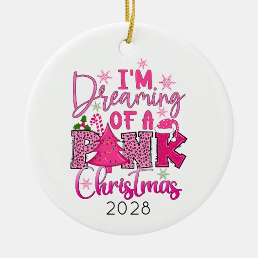 ピンクのクリスマスを夢見ている セラミックオーナメント (正面)