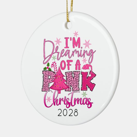 ピンクのクリスマスを夢見ている セラミックオーナメント (左)