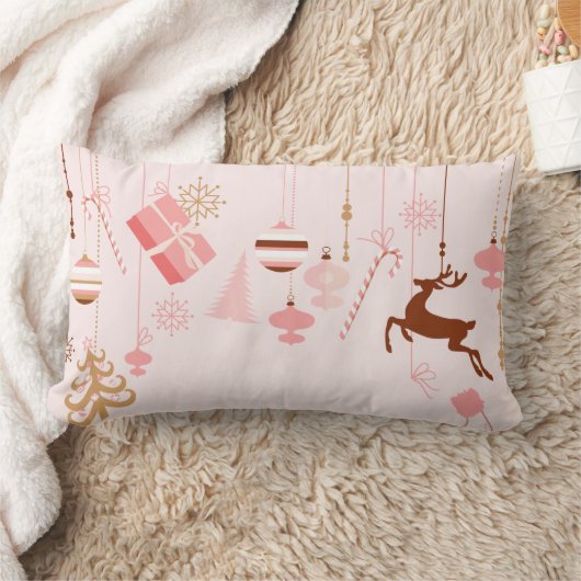 ピンクのクリスマスアイコン装飾 ランバークッション (ブランケット)