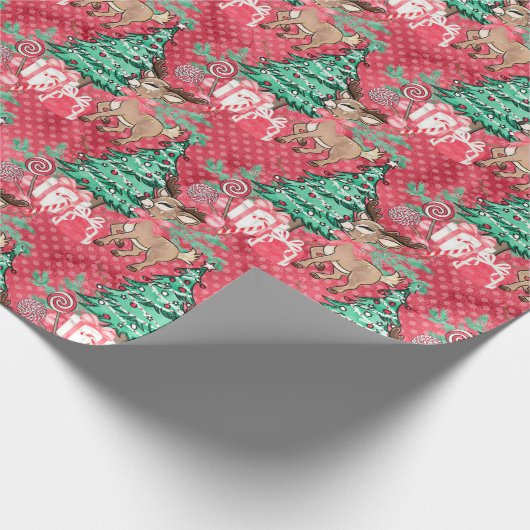 ピンクのクリスマスウォーターカラートナカイのラップ ラッピングペーパー (角)