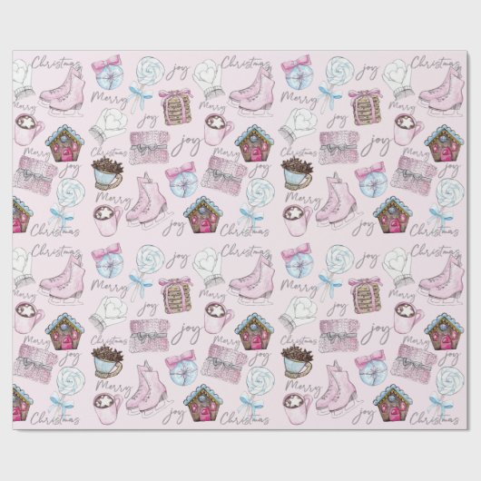 ピンクのクリスマスウォーター色かわいい ラッピングペーパー (フラット)