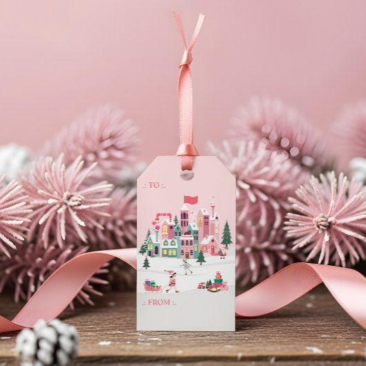 ピンクのクリスマスエルフのおもちゃ工房 ギフトタグ