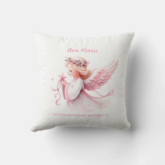 ピンクのクリスマスエンジェルバイブル聖句の名前子供部屋ギフト クッション (裏面)