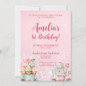 ピンクのクリスマスオネダーランドカップケーキ1st誕生日 招待状 (正面)