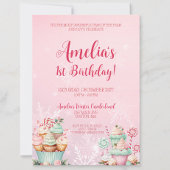 ピンクのクリスマスオネダーランドカップケーキ1st誕生日 招待状