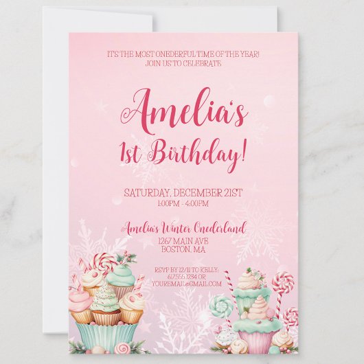 ピンクのクリスマスオネダーランドカップケーキ1st誕生日 招待状