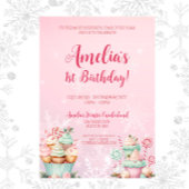 ピンクのクリスマスオネダーランドカップケーキ1st誕生日 招待状