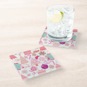 ピンクのクリスマスオーナメントパターン ガラスコースター (アングル)