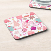 ピンクのクリスマスオーナメントパターン コースター (左側)