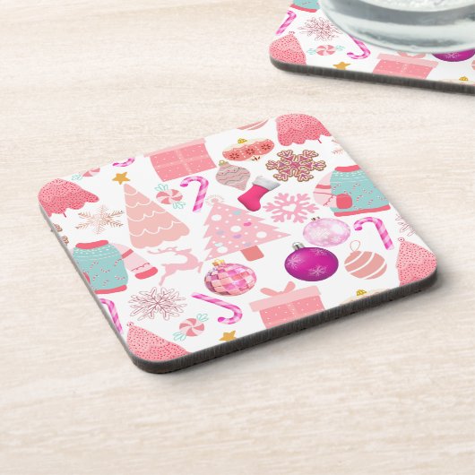 ピンクのクリスマスオーナメントパターン コースター (左側)