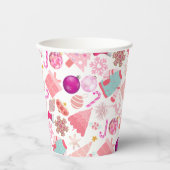 ピンクのクリスマスオーナメントパターン 紙コップ (正面)