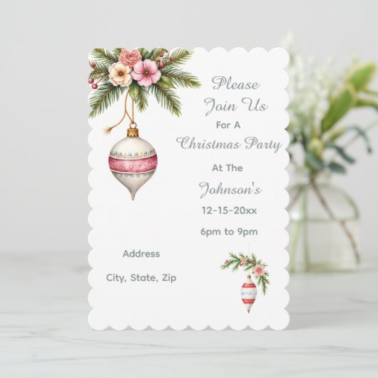 ピンクのクリスマスオーナメントパーティー招待状 (スタンド正面)