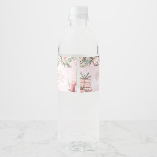 ピンクのクリスマスオーナメント冬の赤ちゃんシャワー ペットボトルラベル (裏面)