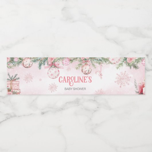 ピンクのクリスマスオーナメント冬の赤ちゃんシャワー ペットボトルラベル (シングルラベル)